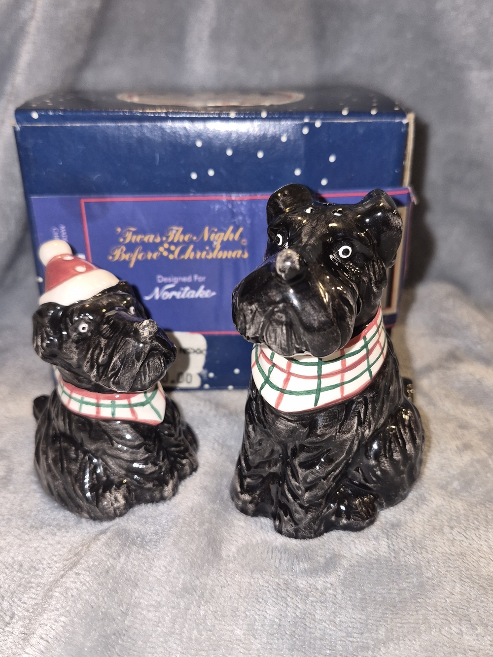 Noritake Black Scottie Dog Salt and Pepper Shakers with Plaid Scarves